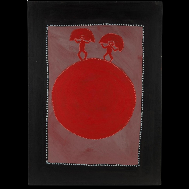 Jack Dale Mengenen painting showing two small red ceremonial figures with arched headdresses standing above a large red circle on a pink ground bordered with white dots
