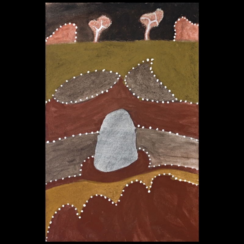Hector Jandany Aboriginal ochre painting showing layered red-brown hills and grey rock forms outlined with white dots, with two small trees on a distant ridge.