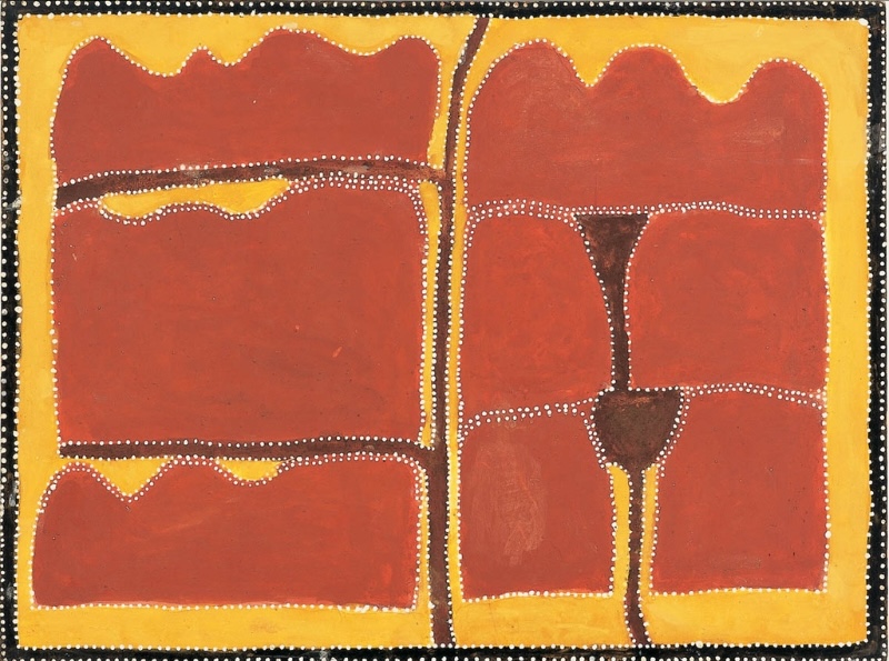 Queenie McKenzie ochre painting with large red landscape forms divided by yellow and black bands and outlined with rows of white dots.
