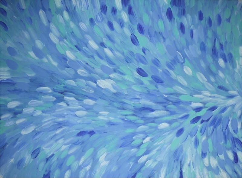Gloria Petyarre painting of blue, turquoise and white medicine leaves sweeping outward in broad flowing currents across the canvas.