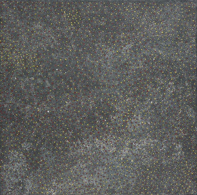 Bush Plum painting by Angelina Pwerle, covered with thousands of tiny white dots interspersed with larger yellow, red and ochre marks across a dark grey ground.