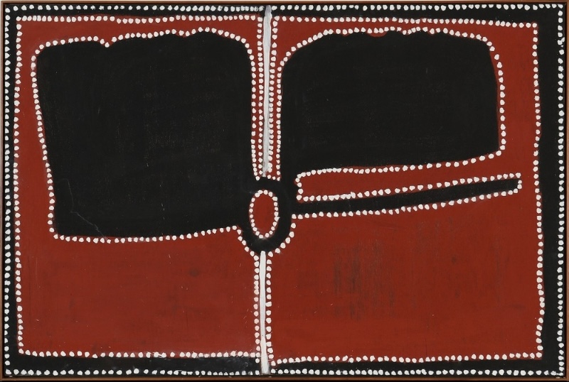 Rammey Ramsey painting on a red-brown ground with two large irregular black areas, a central oval and long black linear forms, all bordered by rows of white dots.