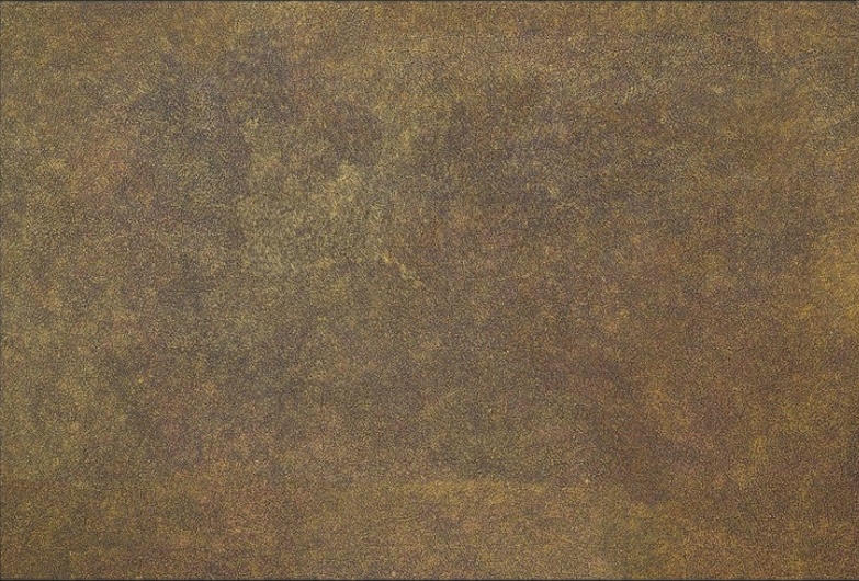 Kathleen Petyarre’s Thorny Devil Lizard Dreaming (Autumn), 1996, with dense golden-ochre fine dotting forming subtle shifting fields across a dark ground.