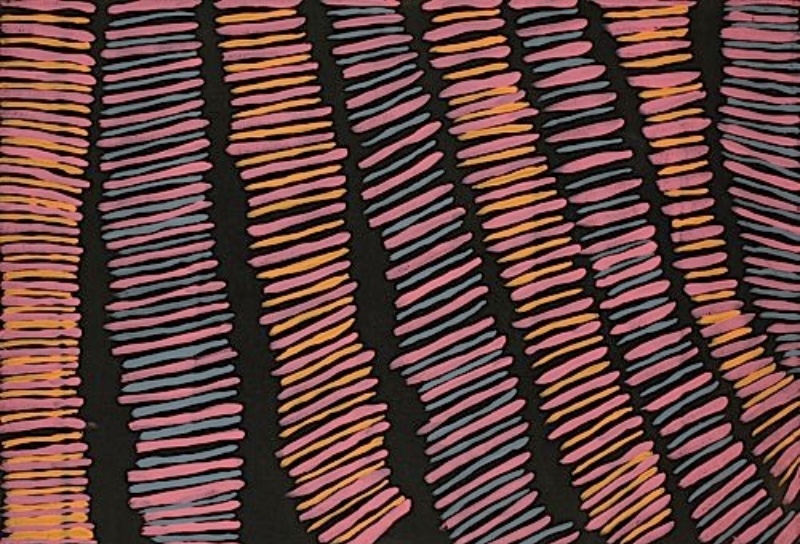 Painting by Gloria Petyarre with broad curving black bands bordered by repeated short pink, orange and blue-grey brushstrokes.