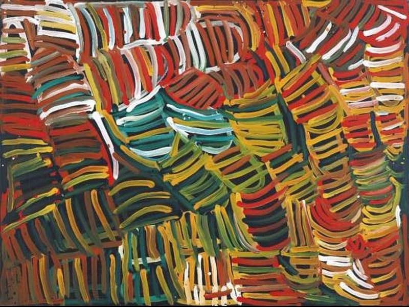Minnie Pwerle painting of densely overlapping curved and striped forms in red, orange, yellow, green, turquoise, brown and white against a dark background.