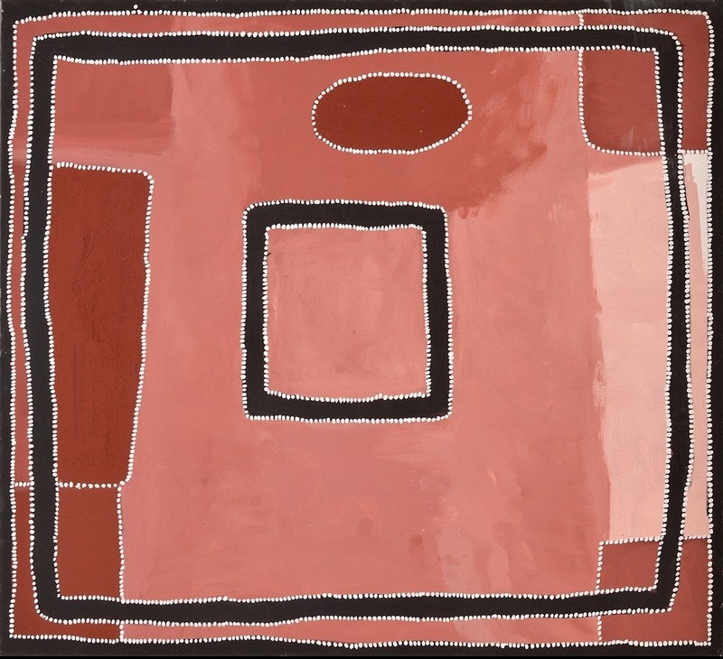 Rammey Ramsey painting in muted pink, red and brown, enclosed by broad black rectangular borders edged with rows of white dots. A black-outlined square occupies the centre, with an oval above and elongated red-brown forms around the edges.