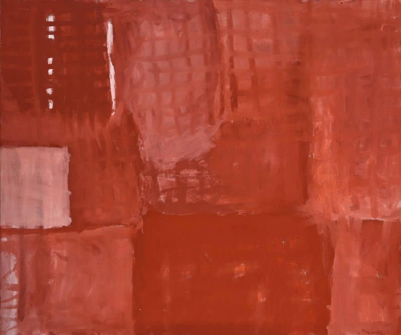 Rammey Ramsey painting dominated by layered red and rust-coloured brushwork. Broad rectangular areas overlap across the surface, with a pale pink block at left and small white marks against a darker red area in the upper left.