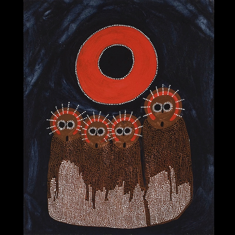 Jack Dale Mengenen painting of four Wandjina beneath a large red circular form, with round eyes, radiating halos and elongated bodies patterned with dense black and white dots.