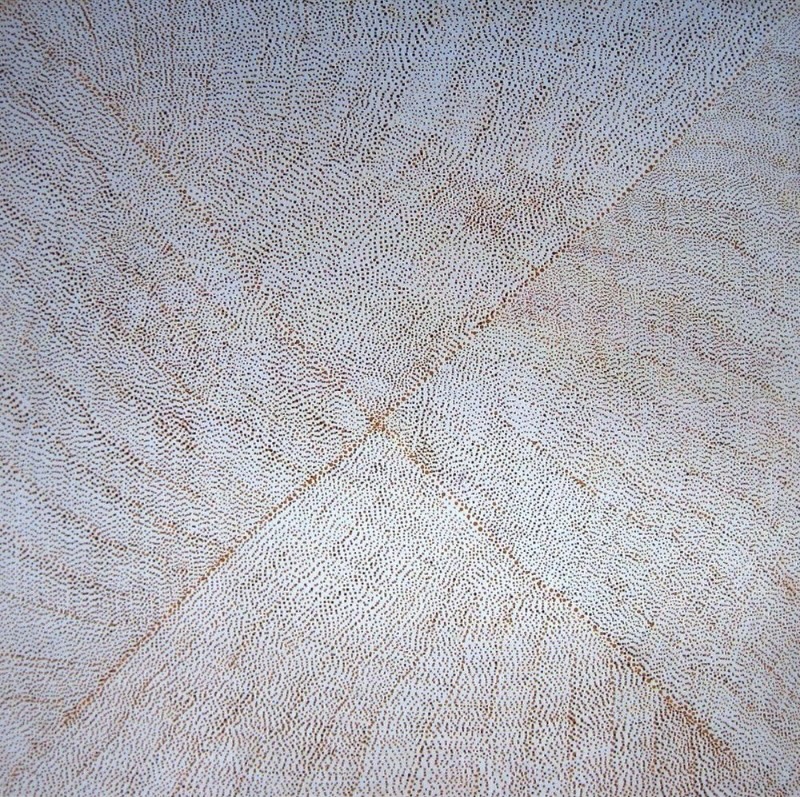 Kathleen Petyarre’s Atnangkere, 2000, with fine brown and ochre dots radiating around crossing diagonal lines on a pale ground.