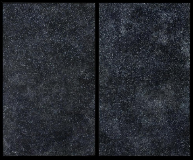 Wild Plum diptych by Angelina Pwerle, two tall dark panels densely covered with thousands of tiny pale dots forming softly shifting, cloud-like patterns.