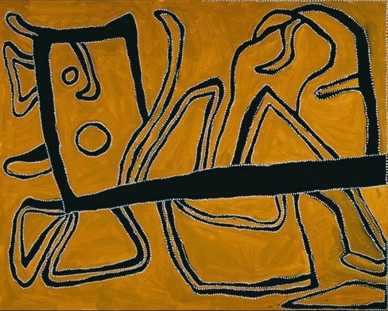 Rover Thomas painting in golden yellow, black and white, filled with large irregular black linear forms outlined by fine white dots. A thick black band crosses horizontally through the centre, intersecting looping, angular and branching shapes that extend across the golden ochre ground.