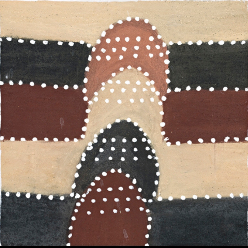 Hector Jandany Aboriginal ochre painting showing four overlapping rounded forms in red, cream and black, filled and outlined with white dots across broad horizontal bands of earth colour.
