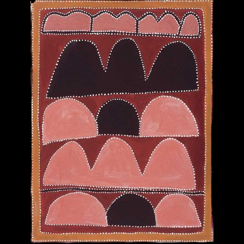 Queenie McKenzie ochre landscape of the Toomerinji “talking hills,” with layered pink and dark brown rounded hills outlined in white dots.