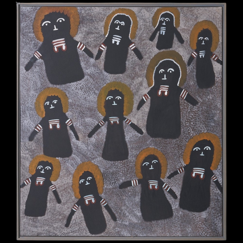 Painting by Angelina Pwerle showing ten black ancestral figures with ochre-coloured heads, white facial features and ceremonial body markings on a densely patterned grey ground.