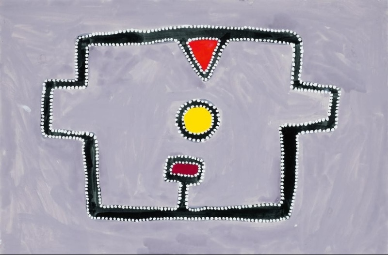 Rammey Ramsey painting on a pale grey-lilac ground with a large symmetrical black geometric form outlined by rows of white dots. A red triangle projects downward from the top, with a yellow circle in the centre and a small red oval below.