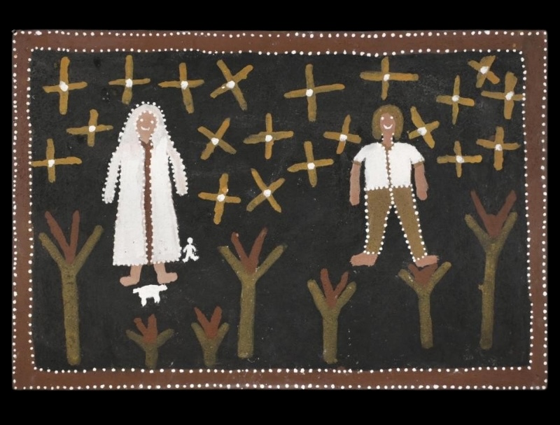 Queenie McKenzie ochre painting of Mary and Joseph beneath a star-filled black sky, surrounded by stylised trees and small figures.