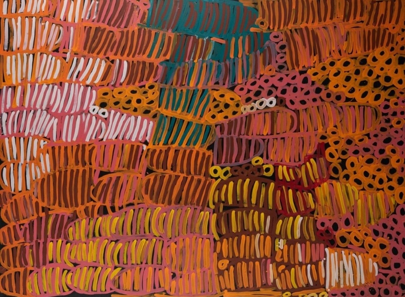 Minnie Pwerle painting densely filled with overlapping striped forms and clusters of small rings in orange, pink, yellow, white, green and brown against a dark ground.