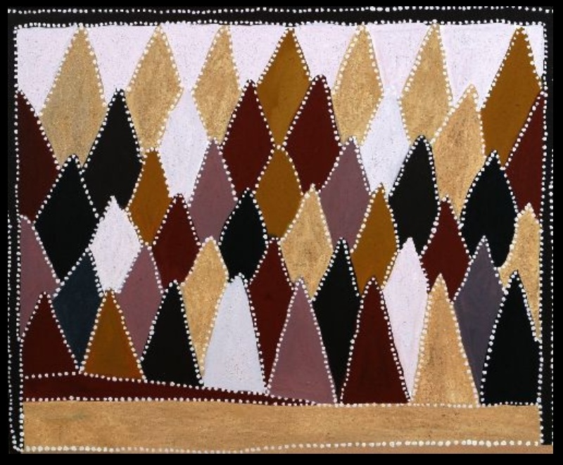 Queenie McKenzie ochre landscape filled with overlapping pointed limestone hills in gold, red, mauve, white and black, outlined with white dots.