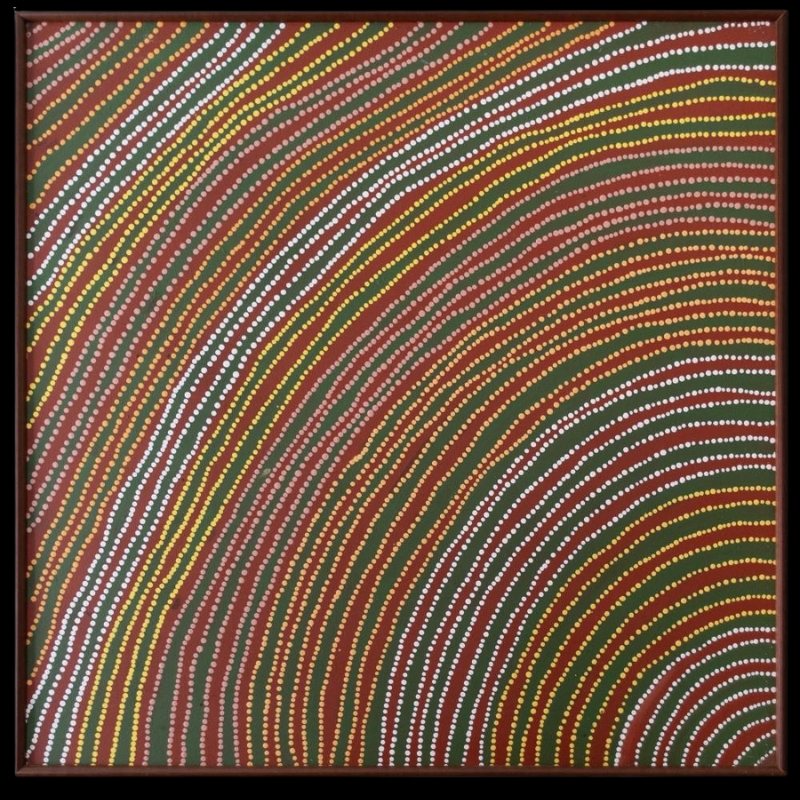 Square painting by Gloria Petyarre filled with closely spaced curving rows of white, yellow, orange and pink dots flowing across a dark ground.