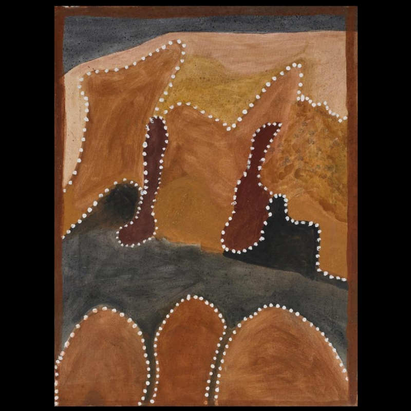 Hector Jandany Aboriginal ochre painting showing layered irregular hills and rock formations in brown, red and black, outlined with white dots beneath a narrow grey sky.