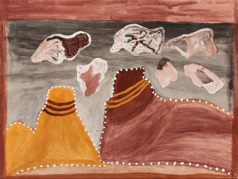 Hector Jandany Aboriginal ochre painting showing two large yellow and red-brown hills outlined with white dots beneath a grey field containing six pale irregular rock-like forms.