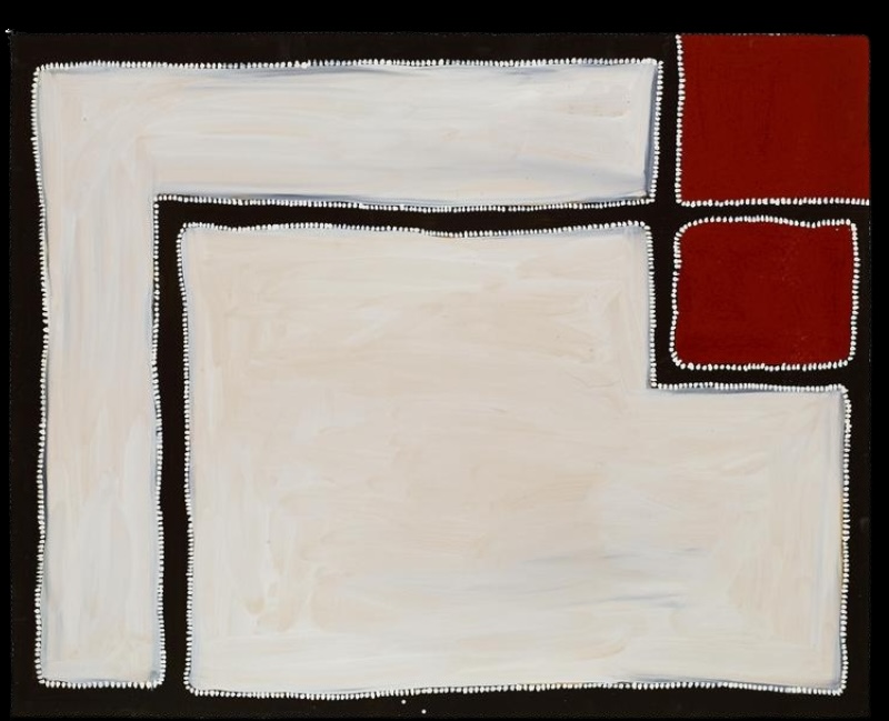 Rammey Ramsey painting dominated by large softly brushed cream and white fields separated by thick black lines. Two deep red rectangular forms occupy the upper right, with the principal shapes edged by rows of small white dots.