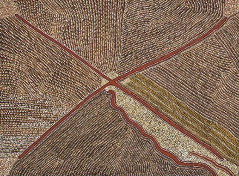 Kathleen Petyarre’s Arkerrthe Awelye, Mountain Devil Lizard Dreaming, 1994, with crossing red lines and dense fields of fine patterned dots.