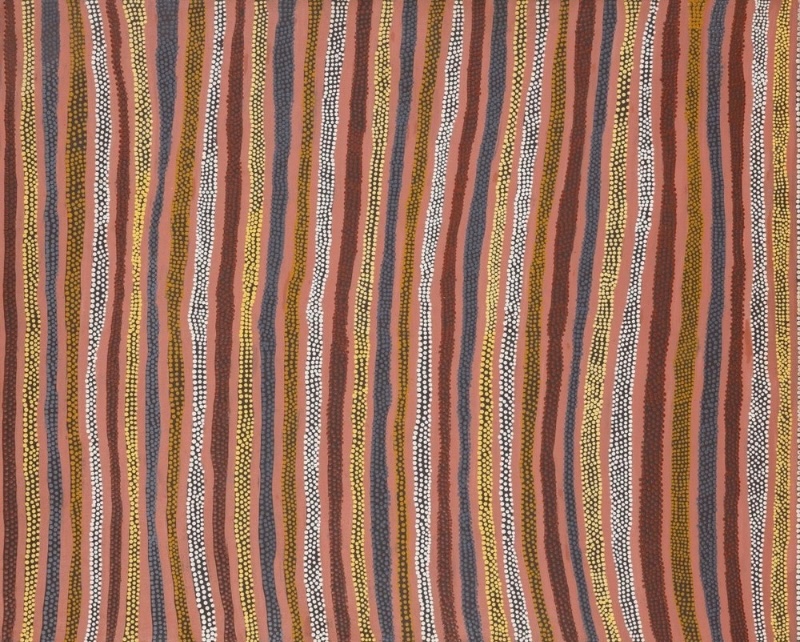 Painting by Gloria Petyarre filled with closely spaced vertical wavy bands of red, pink, yellow, white and dark dots running from top to bottom.