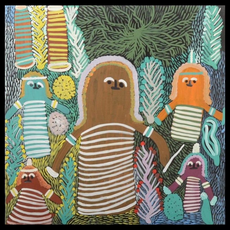 Colourful figurative painting by Angelina Pwerle showing five ancestral figures with striped body markings surrounded by densely painted plants and bush foods.
