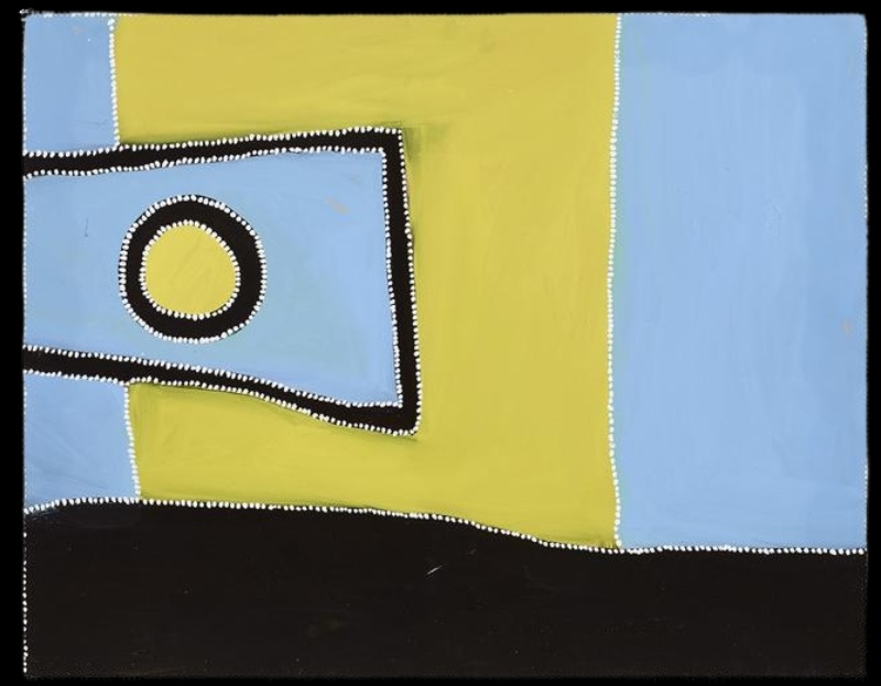 Rammey Ramsey painting with broad fields of bright yellow, pale blue and black. A tilted blue rectangular form at left contains a yellow-centred circle surrounded by black and white dotted rings, while a sweeping black field extends across the bottom.