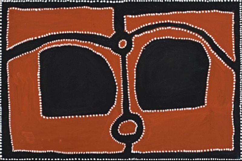 Rammey Ramsey painting on a red-brown ground with two large rounded black shapes, curving black pathways and two small circular forms, all outlined with rows of white dots.