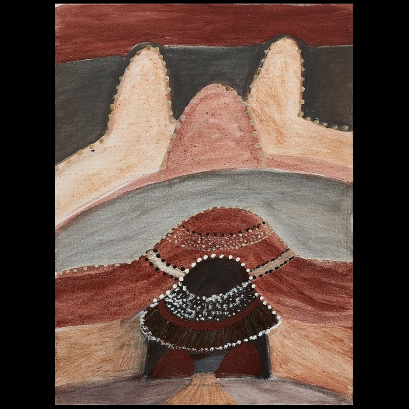Hector Jandany Aboriginal ochre painting showing a dark rounded grass hut in the foreground beneath layered red, grey and pale hills, with three tall rock formations in the distance.