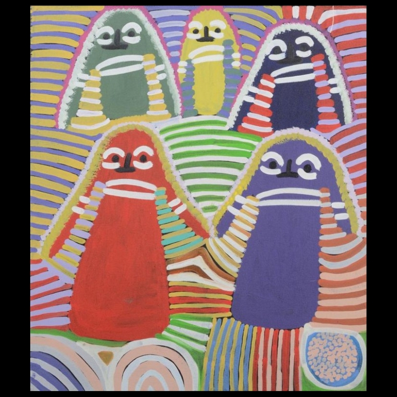 Colourful painting by Angelina Pwerle showing five ancestral figures in green, yellow, blue, red and purple surrounded by repeated striped designs.