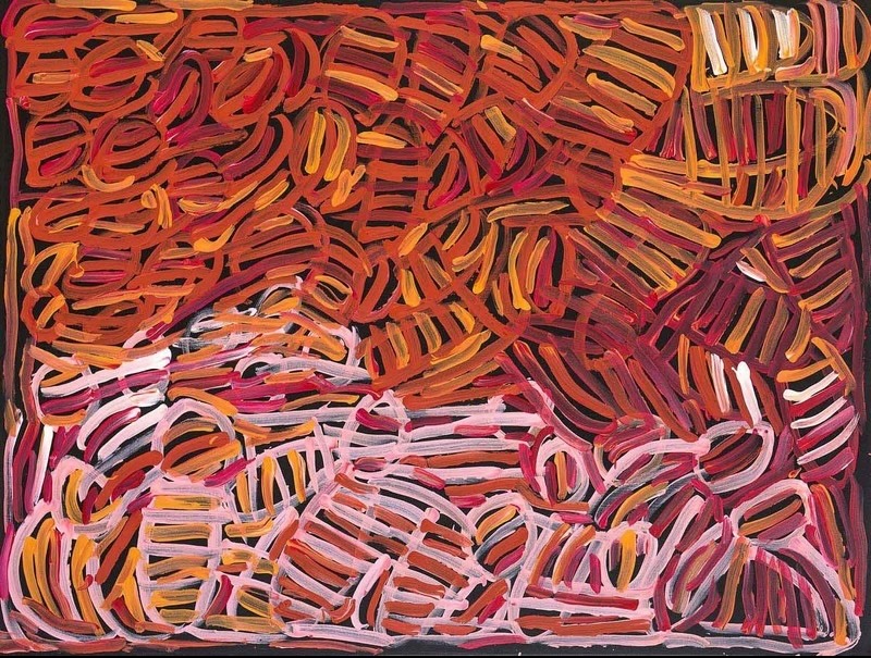 Minnie Pwerle painting of overlapping curved and striped forms in red, orange, pink and white, densely covering a black background.