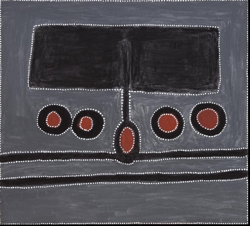 Rammey Ramsey painting with a dark grey ground, a large horizontal black rectangle across the top, four red-centred circles below it and a central red oval. Black horizontal bands cross the lower half, with the main forms outlined by rows of small white dots.