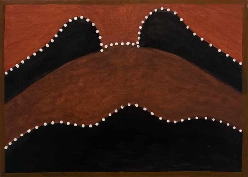 Hector Jandany Aboriginal ochre painting showing layered brown and black hills, their undulating outlines marked by widely spaced white dots against a red ochre sky.