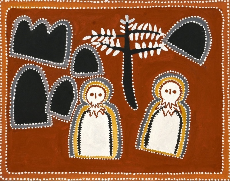 Queenie McKenzie ochre painting showing two white owls beneath a tree, surrounded by black rocky forms on a red ground.