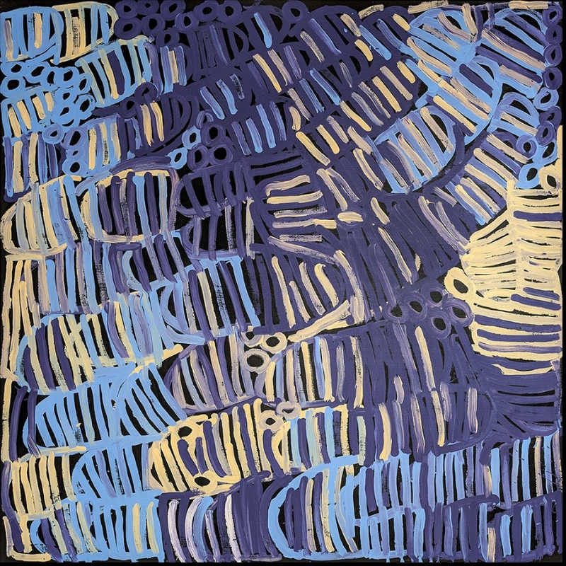 Minnie Pwerle painting densely filled with overlapping pale blue, deep purple and cream curved forms containing broad parallel stripes, with small ring-like marks on a black ground.