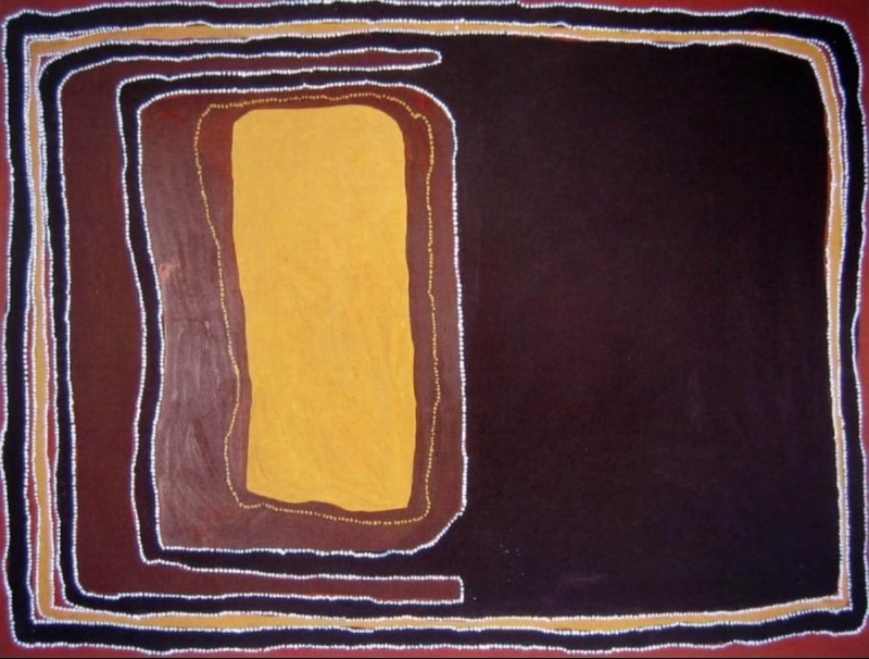 Rover Thomas Milky Way – Warrurrum 1995, with a central yellow ochre form surrounded by concentric dark fields and white dotted lines.