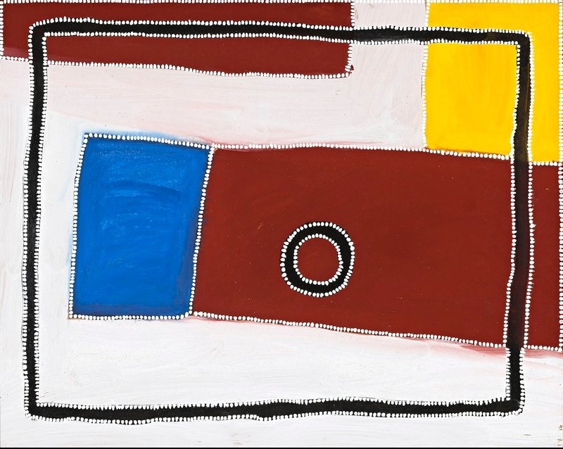 Rammey Ramsey painting divided into large fields of white, deep red, bright blue and yellow. A broad red rectangular form dominates the centre-right and contains a small circular motif, while black bands and rows of white dots define the surrounding shapes.