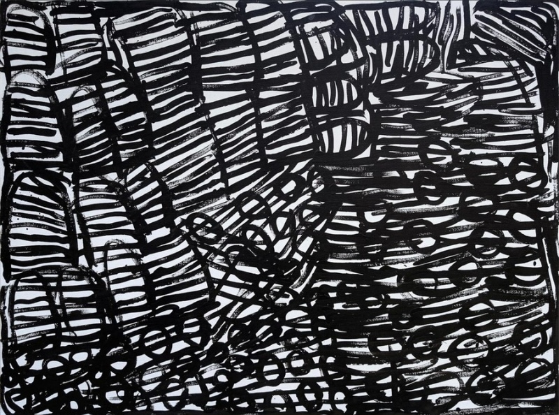 Minnie Pwerle painting of bold black lines forming overlapping striped shapes, loops and small circular forms across a white background.