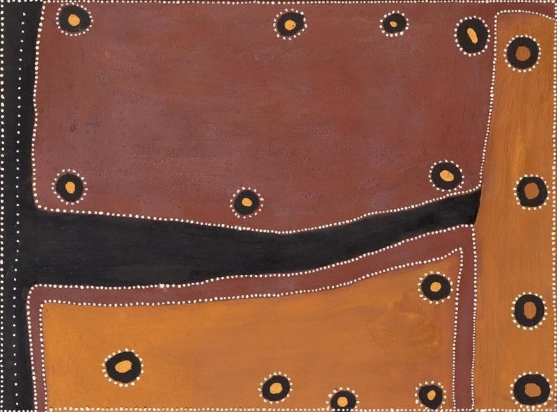 Rover Thomas Untitled, 1996, natural earth pigments on linen, with circular waterhole forms, broad black pathways and fields of red and yellow ochre.