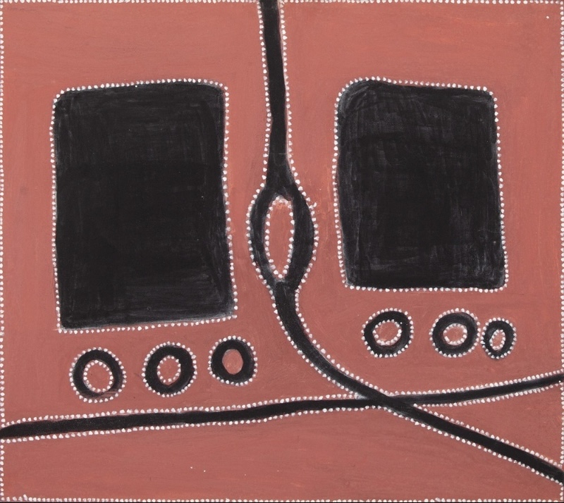 Rammey Ramsey painting on a muted red ground with two large black rectangular forms, six small circular forms and intersecting black pathways. A central elongated oval and the main shapes are outlined with rows of small white dots.