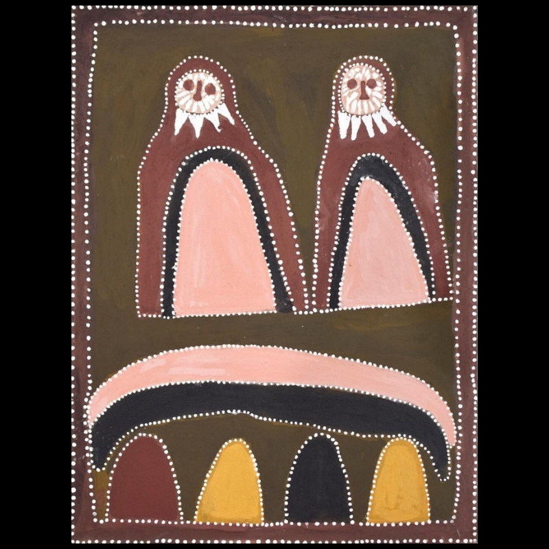 Queenie McKenzie ochre painting showing two large brown and pink owls above a curved cave and four rounded hills in red, yellow and black