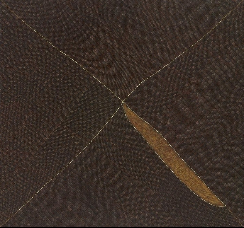 Kathleen Petyarre’s Amkerrth – Mountain Devil Lizard, 2008, with fine dotted fields converging at a central point beside an elongated ochre form.