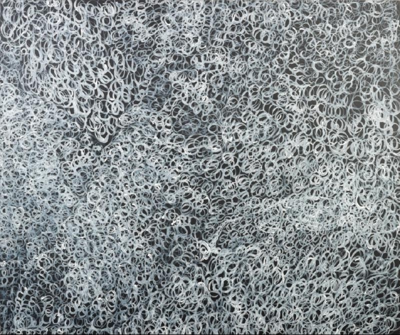 Gloria Petyarre painting composed of thousands of overlapping white and grey looping brush marks across a dark ground.
