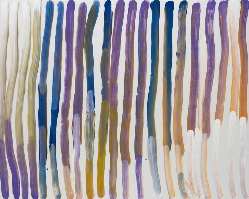 Minnie Pwerle Awelye Atnwengerrp painting with long vertical ceremonial lines in blue, purple, ochre and white.