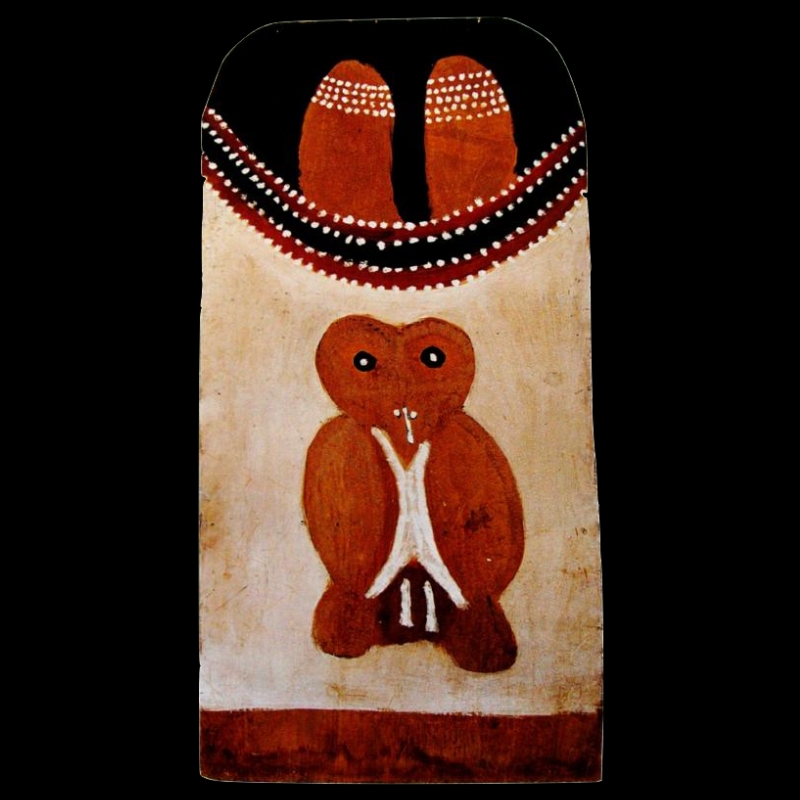 Hector Jandany Aboriginal ochre painting on a tall plywood board, showing a rounded red ancestral owl with large black eyes and white body markings beneath dotted ceremonial forms.