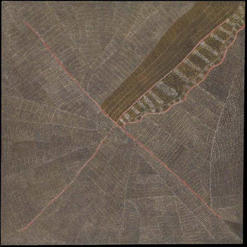Kathleen Petyarre’s Mountain Devil Lizard Dreaming, 1998, with crossing red lines, dense fine dotting and an elongated ochre and pale form.