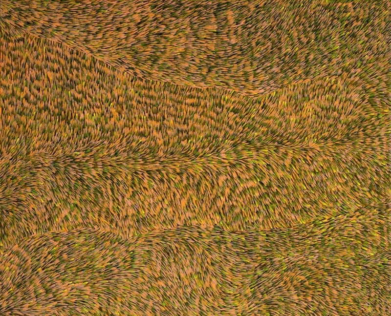 Large painting by Gloria Petyarre filled with thousands of fine yellow, ochre, green and brown leaf-like strokes flowing in broad wave-like bands across the canvas.